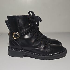Louise et Cie Black Leather Combat Boots with Gold Buckle
